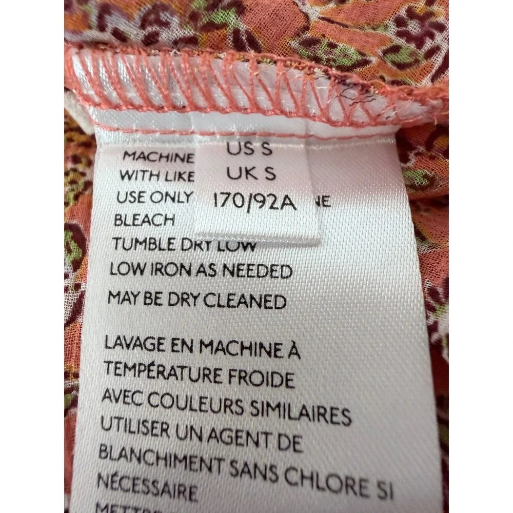 Free People Lela Orange Floral Smocked Yoke Ruffle Neck Tie‎ Blouse S OB1010657